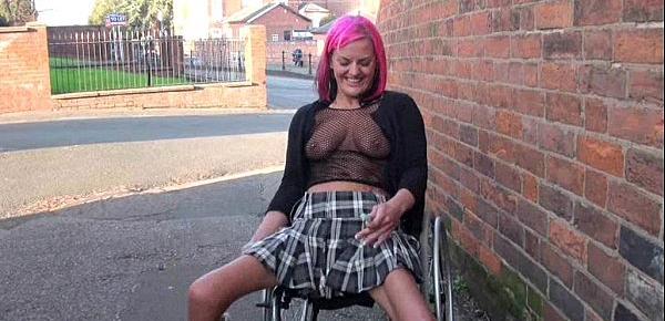  Redhead wheelchair bound babe Leah Caprice flashing and masturbating in public